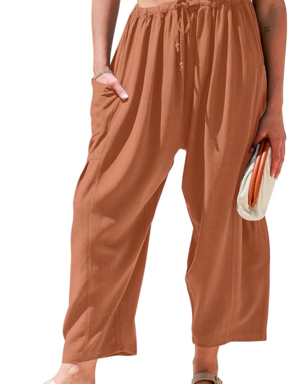 Women’s Linen Haram Wide-Leg Crop Pants Size Large “Red Brown”